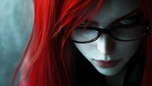 Striking red haired character gazes forward with bright intent