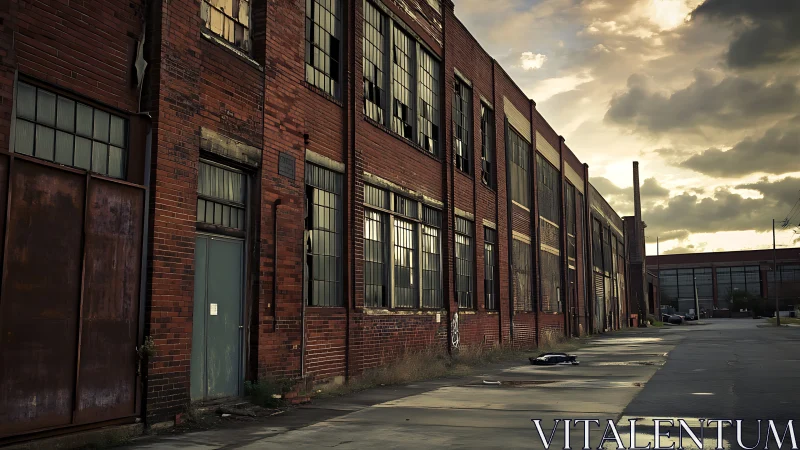Sunset broods over rust-bricked abandoned factory row.