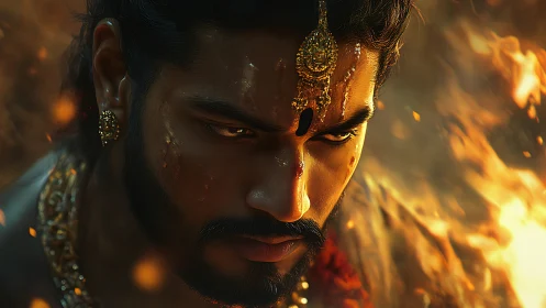 Fire-forged warrior prince in molten-gold divine focus.