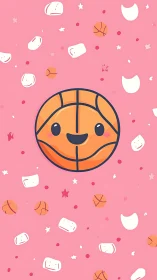 Smiling kawaii basketball floating in a pink candy sky.