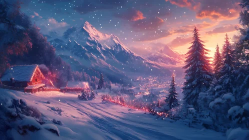 Mountain valley winter landscape with cabin and village lights.