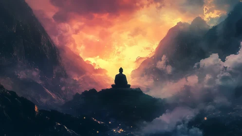 Solitary monk meditates beneath blazing celestial sky