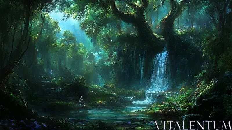 Enchanted Forest Waterfall Canyon with Luminescent Canopy.