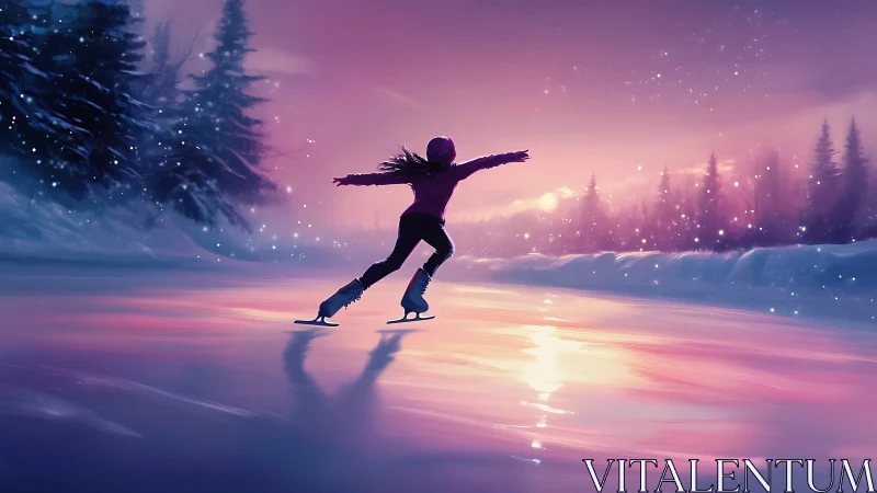 Skater glides through cotton-candy dusk on a glowing winter river