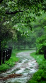 Curving garden path under rain-soaked flowering branches.
