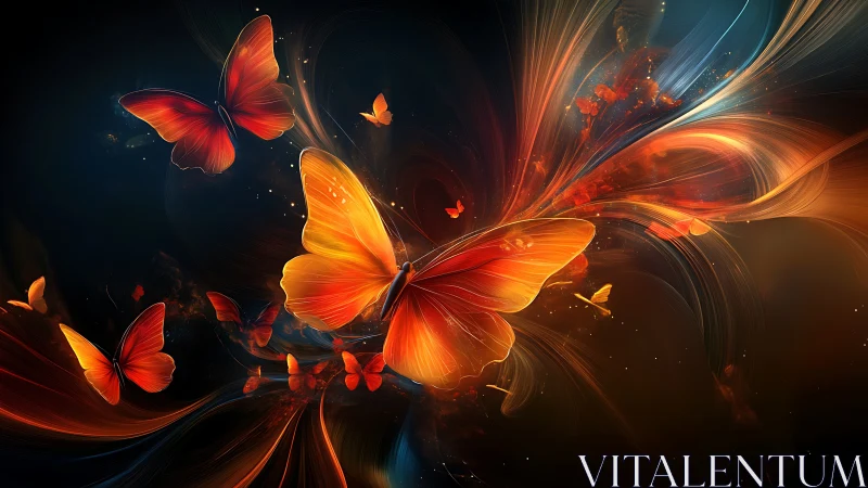 Digital illustration of orange butterflies on abstract streaks.