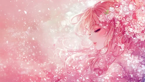 Dreamlike anime portrait blends floral textures and drifting light