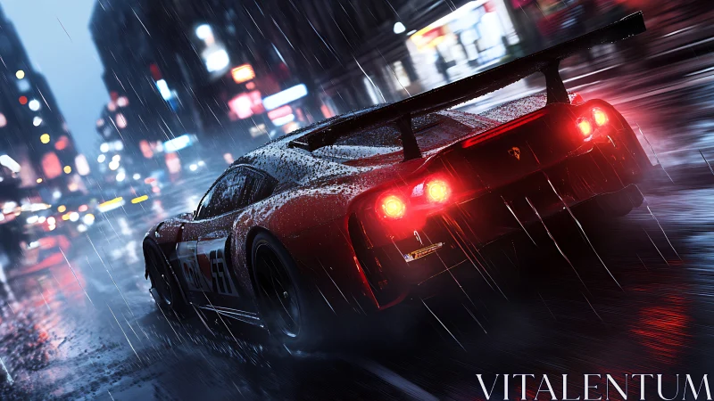 Red supercar slices through neon rain on a wet city street.