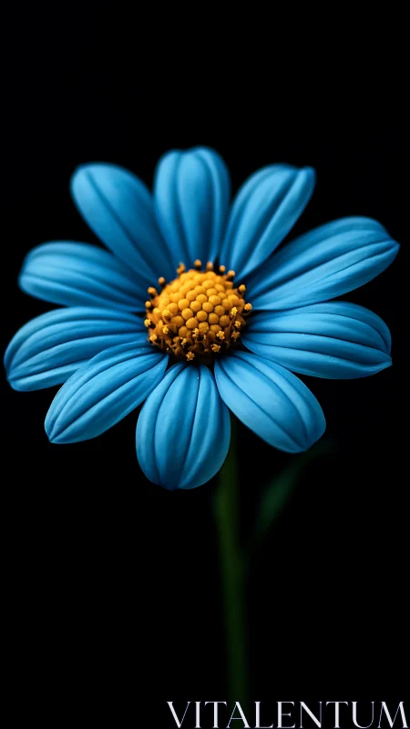 Single blue daisy in dramatic high-contrast studio lighting.