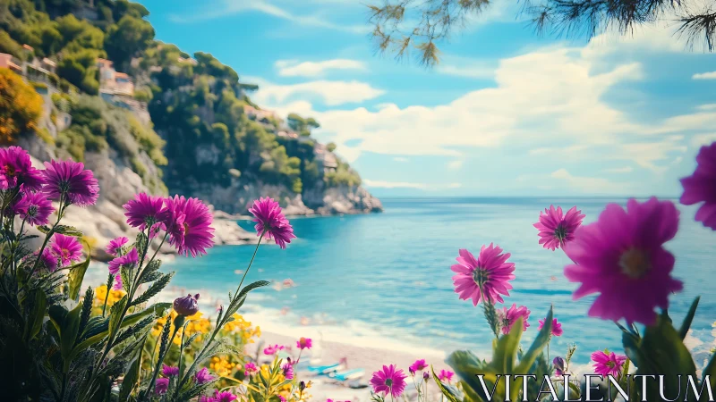 Blazing pink blooms frame a sunlit turquoise seaside cove.