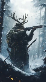 Antlered sniper stalks prey through frozen embered forest.