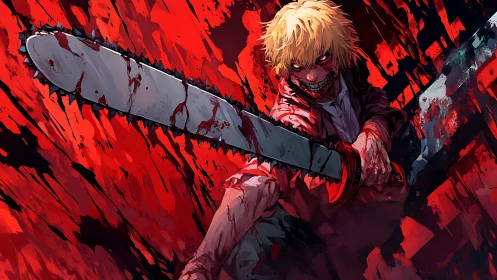 Fierce chainsaw warrior lunges forward in bold red chaos.