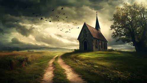 Stormlit country chapel stands alone beneath brooding skies