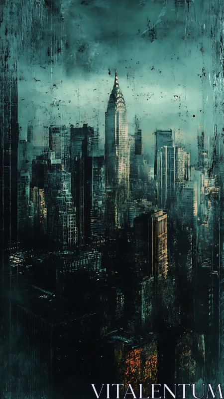 Moody future city skyline rises through mist and shadowed light