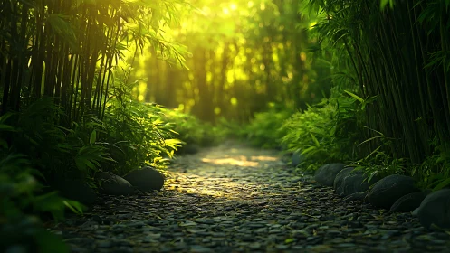 Bamboo Forest Path with Golden Sunlight Through Canopy.