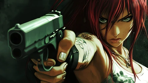 Armed red-haired heroine in intense close-quarters standoff.