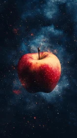 Red apple suspended against deep star-filled space field.