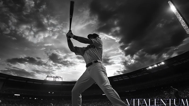 Powerful baseball batter waits under dramatic stormy sky