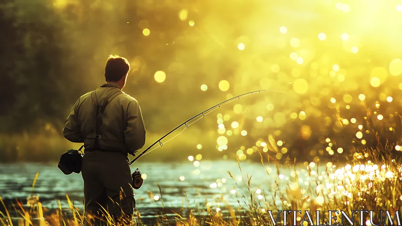 Backlit river angler casts line through golden sunset glow.