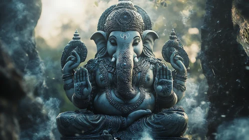Sacred Ganesha statue rests peacefully in a misty forest shrine