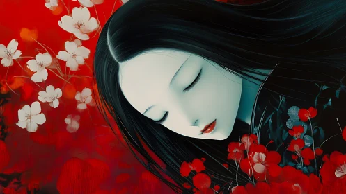 Dreaming geisha drifts in crimson blossoms and silent night