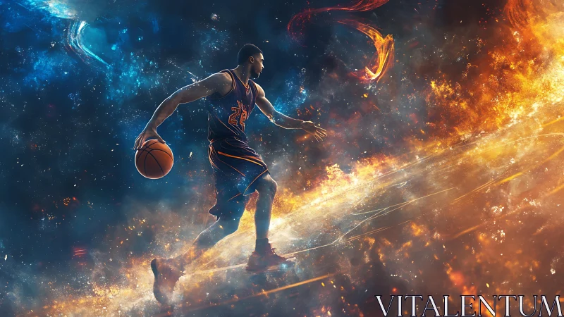 Basketball player drives through cosmic fire and energy trail