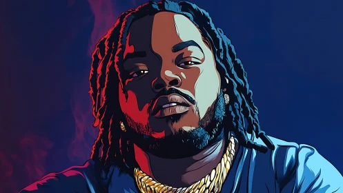 Bold portrait of confident rapper in vivid neon light.