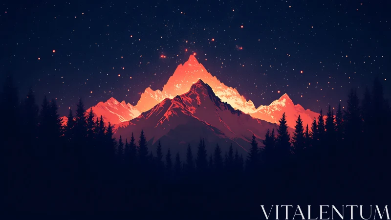 Crimson alpine peaks glow under star-drenched midnight sky.