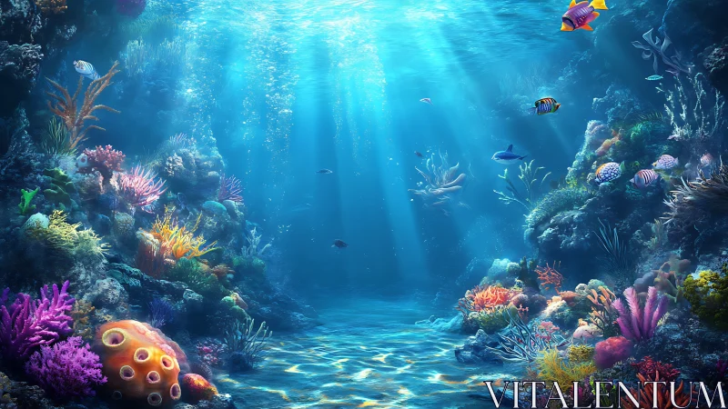 Vibrant coral reef valley under radiant blue sunlit water.