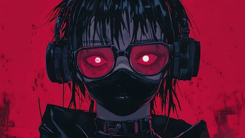 Headphoned figure with red lenses and mask on red field.