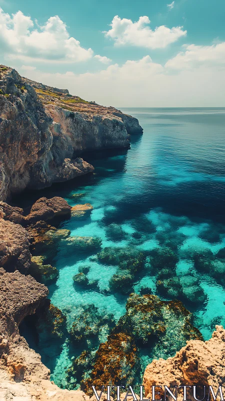 Rocky coastal cliffs border clear shallow turquoise sea water