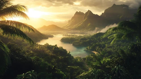 Radiant tropical valley at sunrise with misted peaks aglow.