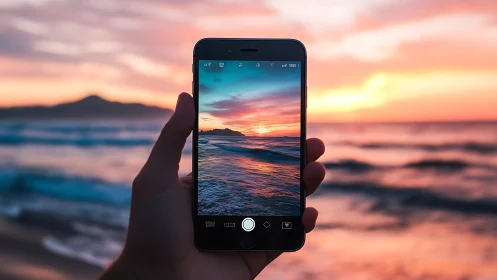 Smartphone captures vivid sunset over calm ocean waves