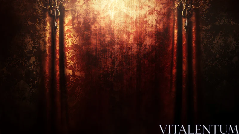 Golden light pours onto rich red curtains in quiet glow