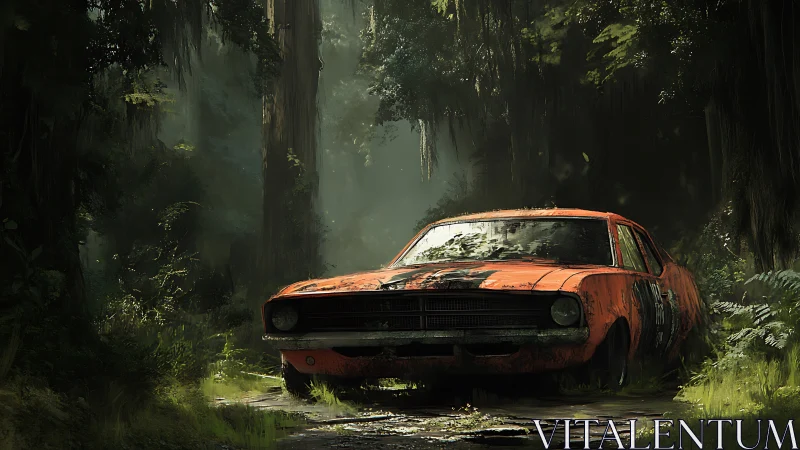 Rusted muscle car decays in dense overgrown rainforest corridor
