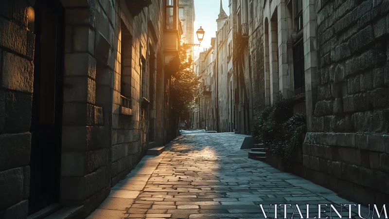 Sunlit stone alley with warm morning light and cobblestones.