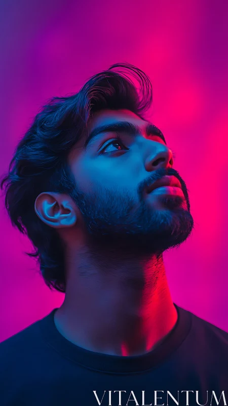 Dreamy neon portrait of a thoughtful young man at night.