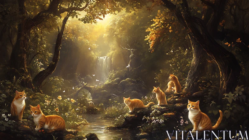 Enchanted Forest Grove with Felines in Luminous Sanctuary.