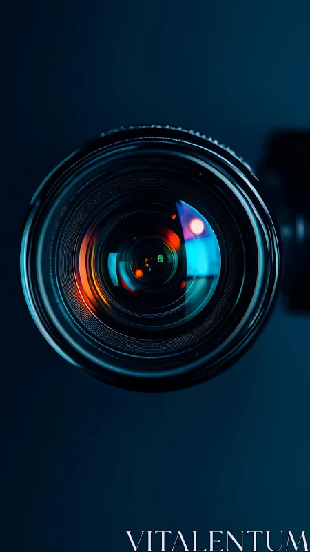Ultra close-up camera lens with neon reflections in focus.