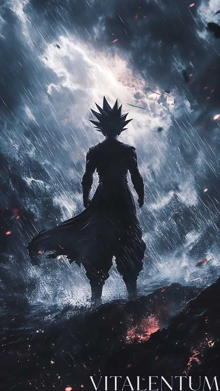 Silhouetted spiky-haired figure standing in heavy storm rain.