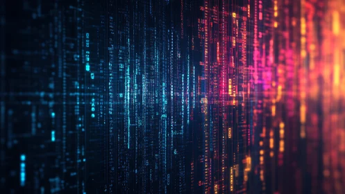 Vertical neon data streams map complex digital signal density