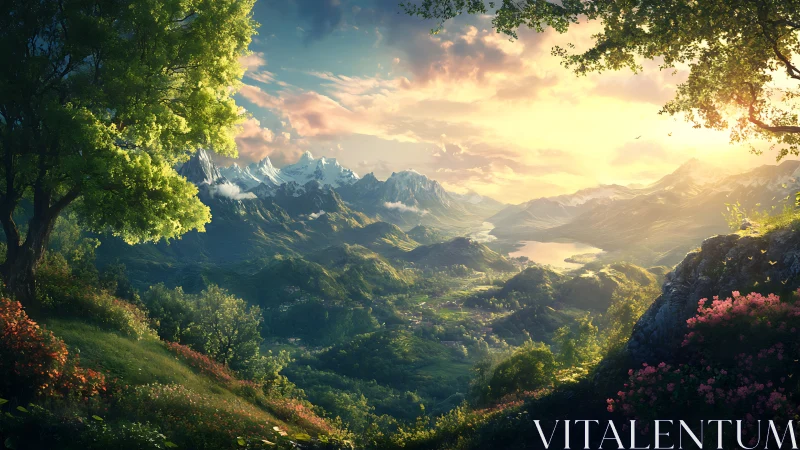 Sunlit valley opens beneath snow-capped mountains at dawn