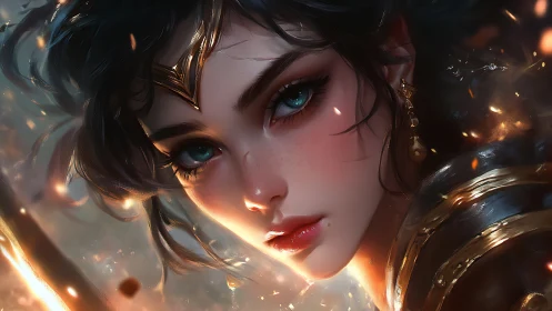 Fierce fantasy warrior princess stares through drifting embers