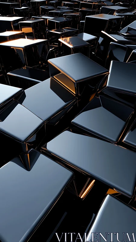 Chromed geometric blocks with reflective metallic surfaces.