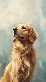 Golden retriever portrait against soft painted backdrop.