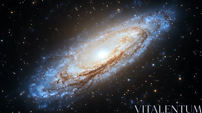 Spiral galaxy with bright core and blue star clusters.