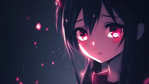 Anime girl portrait with pink glowing particles in dark space.