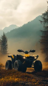 Yellow ATV parked on misty forest trail at dusk.