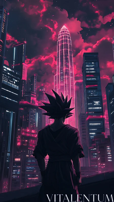 Neon-lit cyberpunk skyline observed by spiky-haired sentinel.