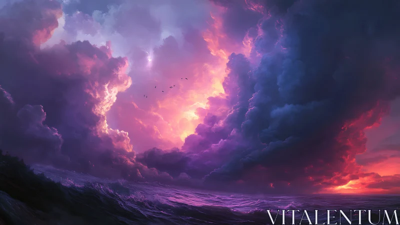 Radiant storm clouds ignite a surreal twilight ocean sky